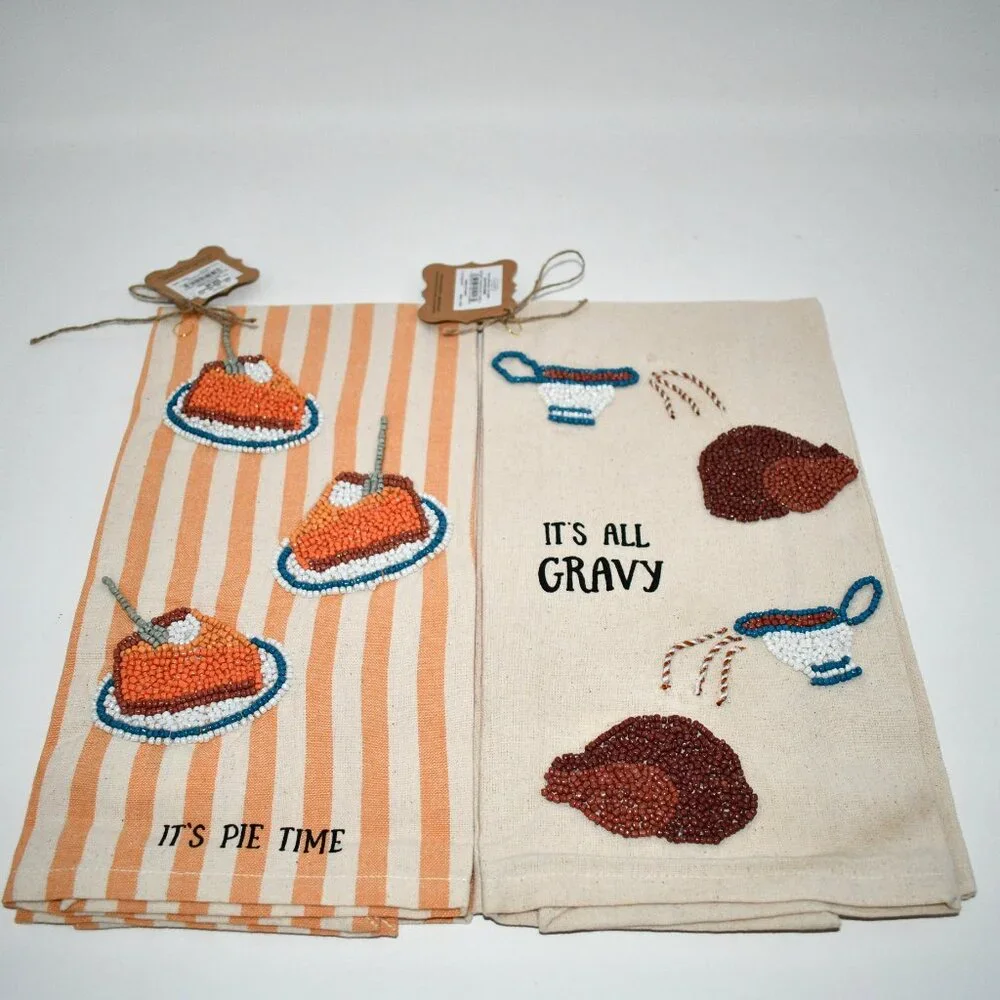 Mud Pie Beaded Thanksgiving Towel Set #94130969 NWT Details: Set of 2 Cotton han